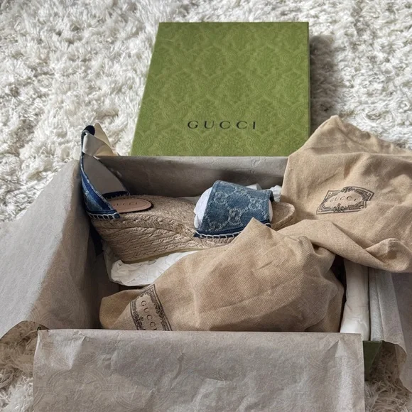 Gucci Blue Denim GG Logo Espadrille Wedges with Jute Heel - Picture 2 of 10